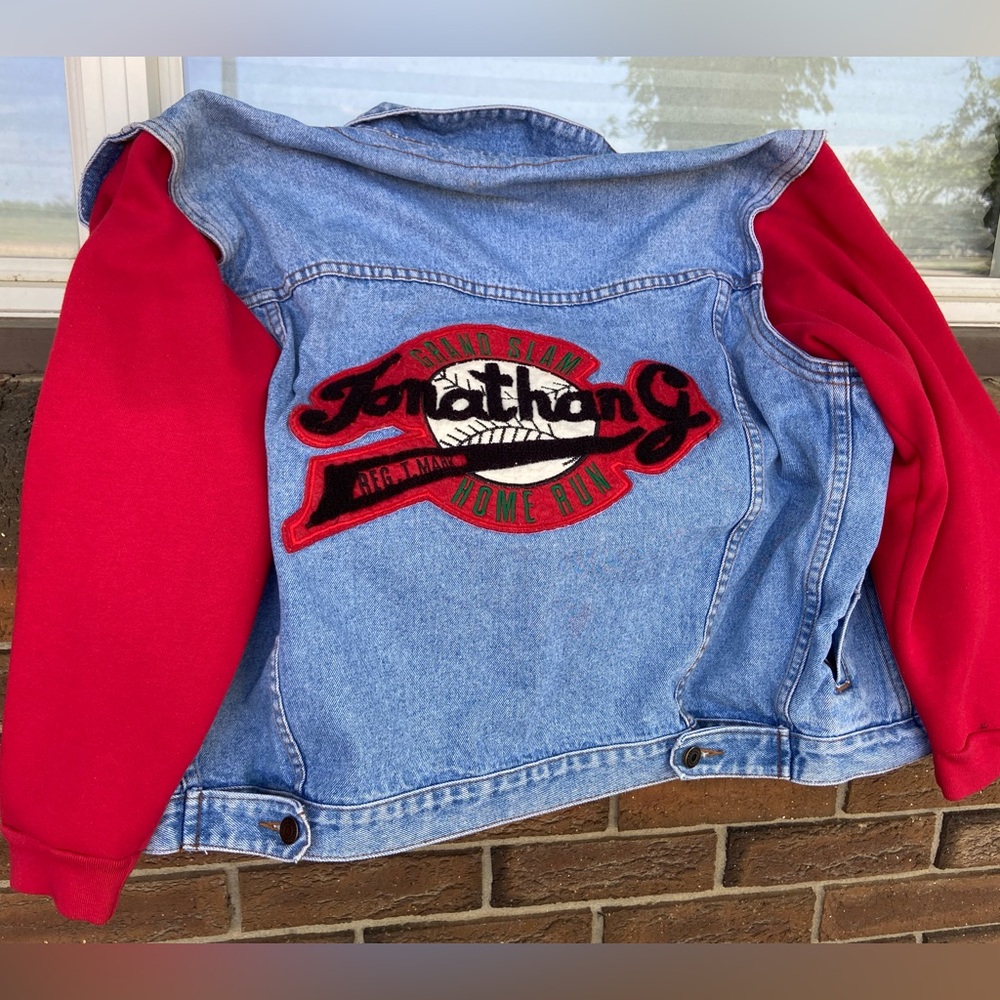 Vintage 90s Jonathan G Baseball Varsity Denim Jean Jacket Hoodie Grand Slam